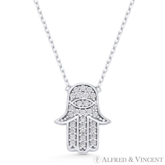 Hamsa Hand Evil Eye Charm CZ Crystal Pendant in .925 Sterling Silver w/ Rhodium - Picture 1 of 1